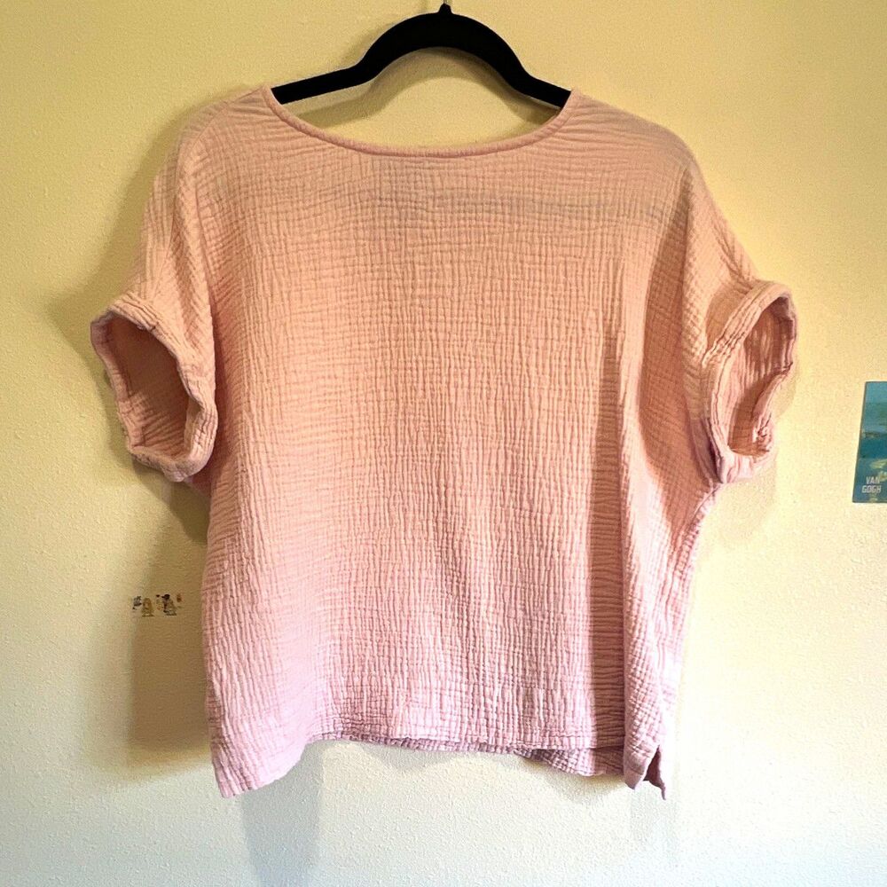 Gloria Vanderbilt Women's Pink Textured Cotton Top Blouse L Short Sleeve Round